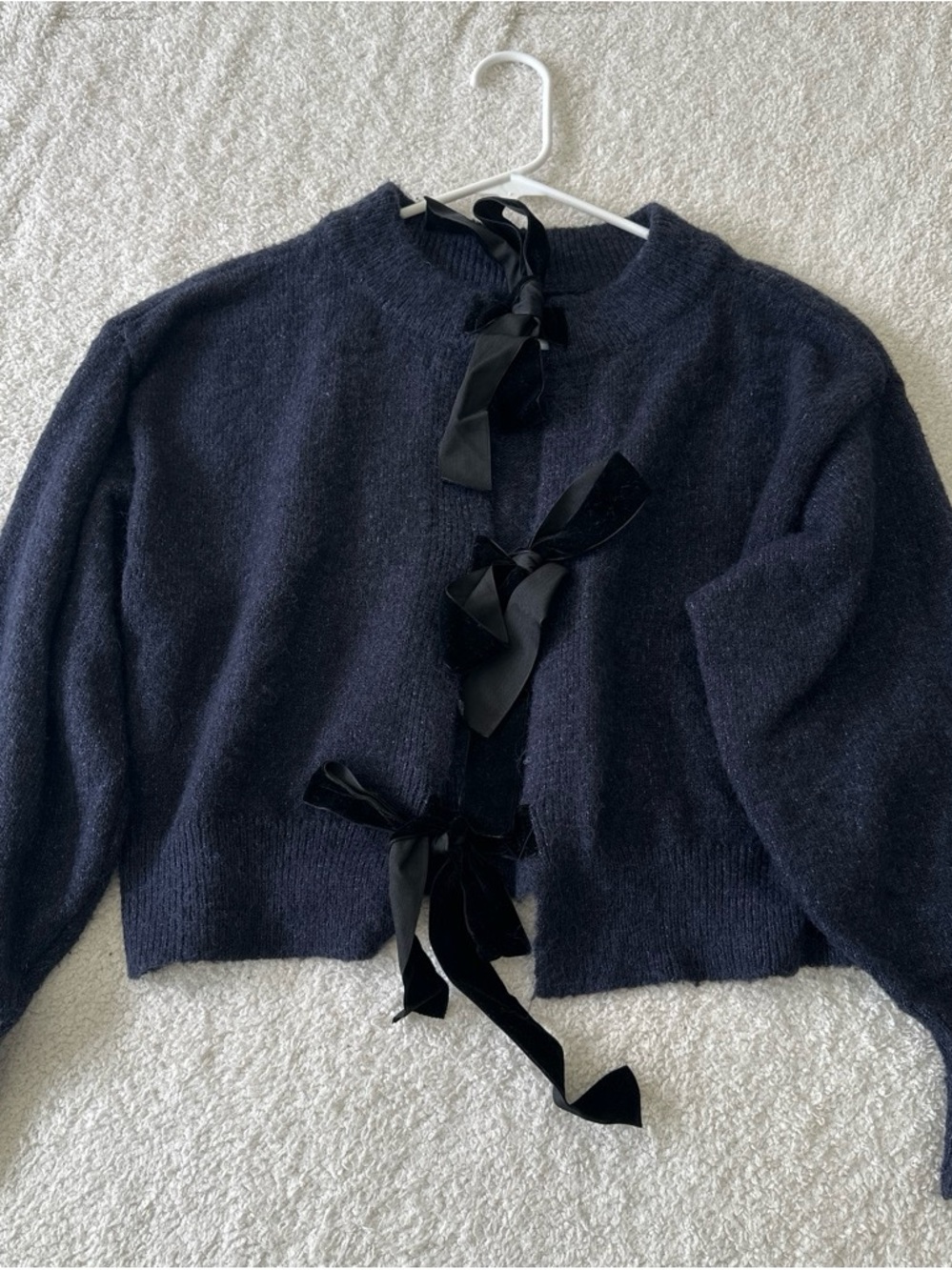 Molly Bracken Navy Cardigan with Black Velvet Bow Ties